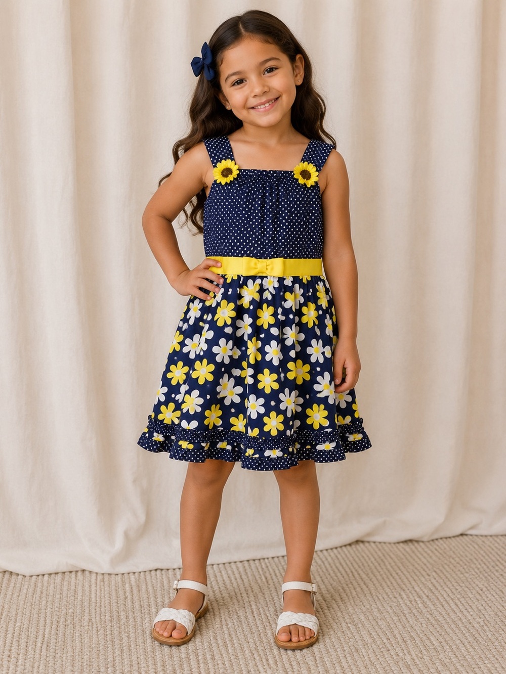 Blueberi Boulevard Navy, Yellow & White Polka Dot Daisy Sundress